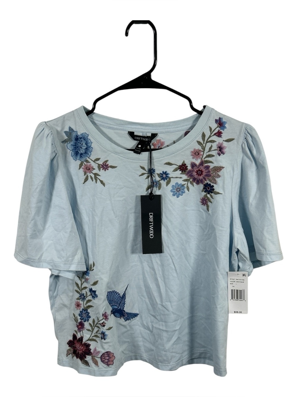 Driftwood Knit Floral Embroidered Crew Neck Short Sleeve Tee Size Large NWT